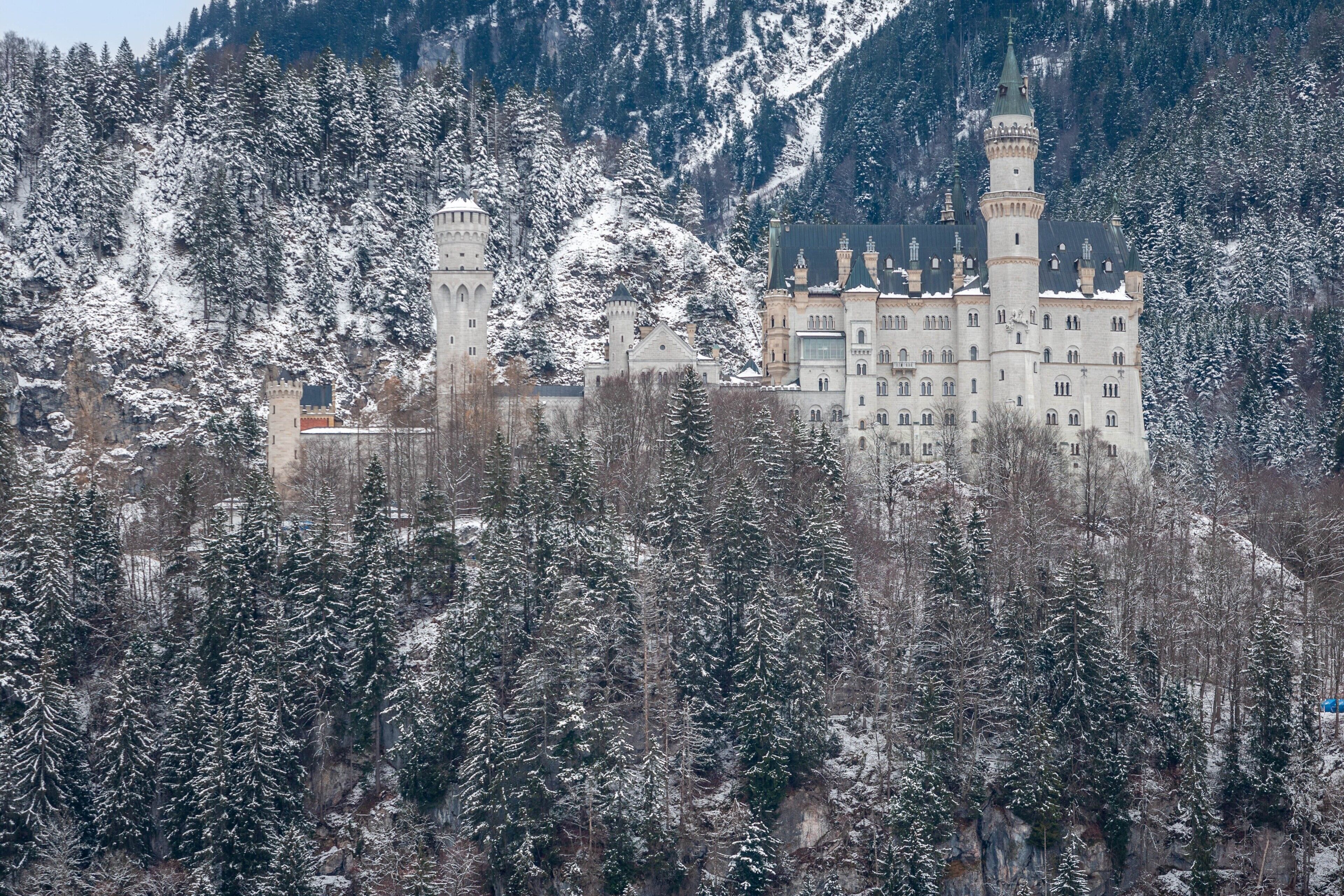 A castle with multiple towers and a large building, surrounded by snow-covered trees and mountains.