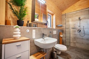 Chuveiro, secador de cabelo, toalhas de banho 