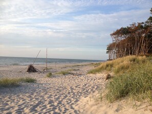 Een zanderig strand met weinig begroeiing en een rustige zee.