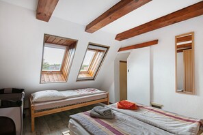 A bedroom with two skylights, a bed, a chair, and a wooden ceiling.