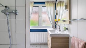 Shower, hair dryer, towels