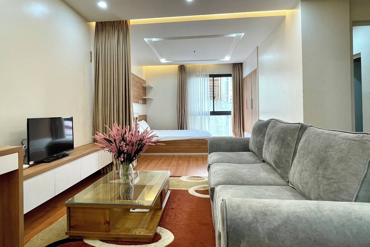 Une chambre d’hôtel moderne avec un canapé, une télévision, une table basse en verre et un lit doté de rideaux.