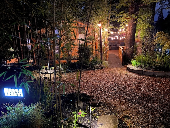 A pathway leading to a building with string lights and bamboo plants.