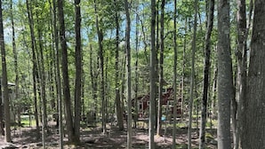Ein bewaldeter Campingplatz mit zwei Adirondack-Stühlen, einer Feuerstelle und einem Kiesboden.