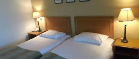 Habitación de hotel con dos camas individuales, cada una con mesita de noche y lámpara. Encima de las camas hay tres cuadros enmarcados en la pared.