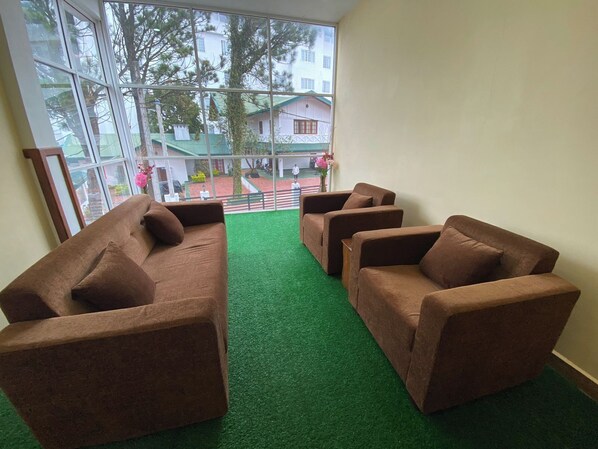 A room with a large window, a green carpet, and brown sofas. - Summer Glow Guest - Nuwara Eliya (Nuwara Eliya)