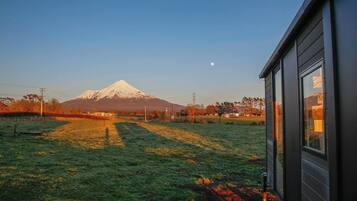A view of a grassy field with a mountain in the background.