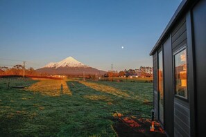 A view of a grassy field with a mountain in the background. - Taranaki Creekside TUI by Tiny Away (Midhirst)