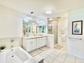 Hair dryer, towels, soap, shampoo