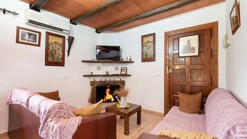 Télévision, cheminée, lecteur de DVD, table de tennis de table