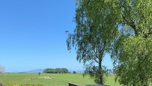 A wooden deck with two chairs and a covered grill, overlooking a green field and distant hills. - Nibble Nook Farm Cottage (Tapapa)
