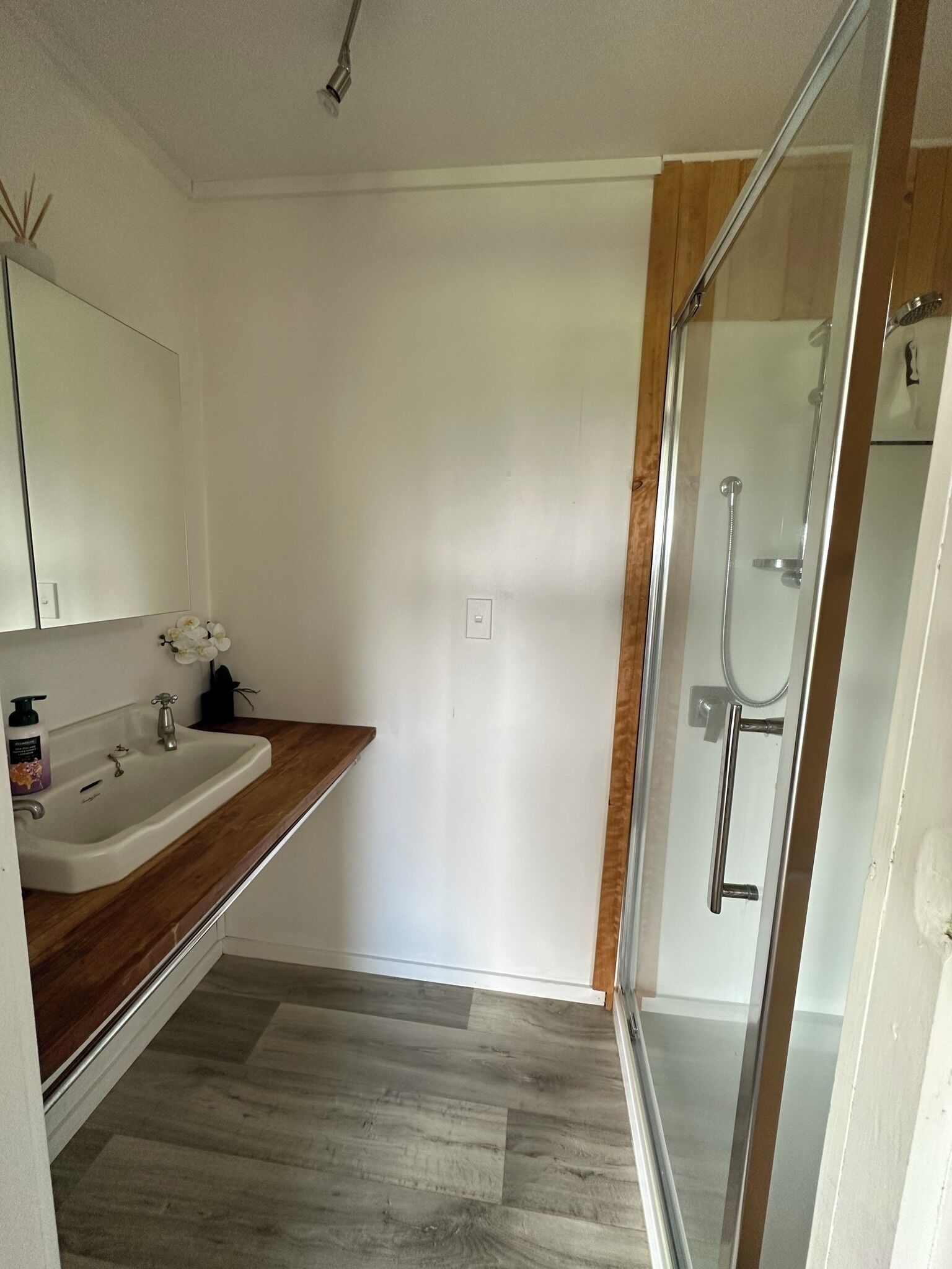 Un baño moderno con tocador de madera, cabina de ducha con mampara de vidrio y lavabo blanco.