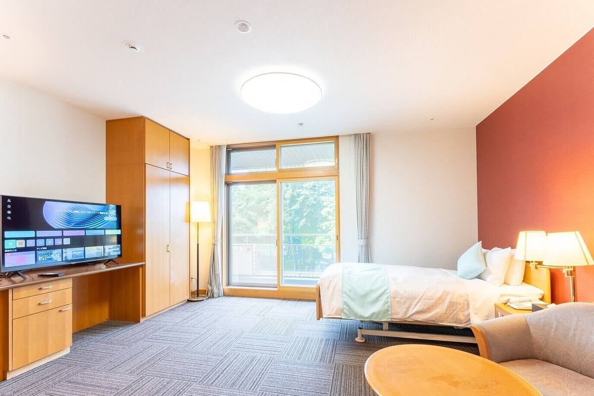 Een hotelkamer met een bed, een televisie, een bureau, een stoel en een raam.