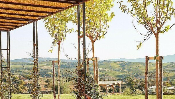 Un espace extérieur abrité, aménagé pour les repas, avec une table dressée pour six personnes, entourée de chaises, et offrant une vue panoramique sur un paysage pittoresque composé de collines et d’arbres.