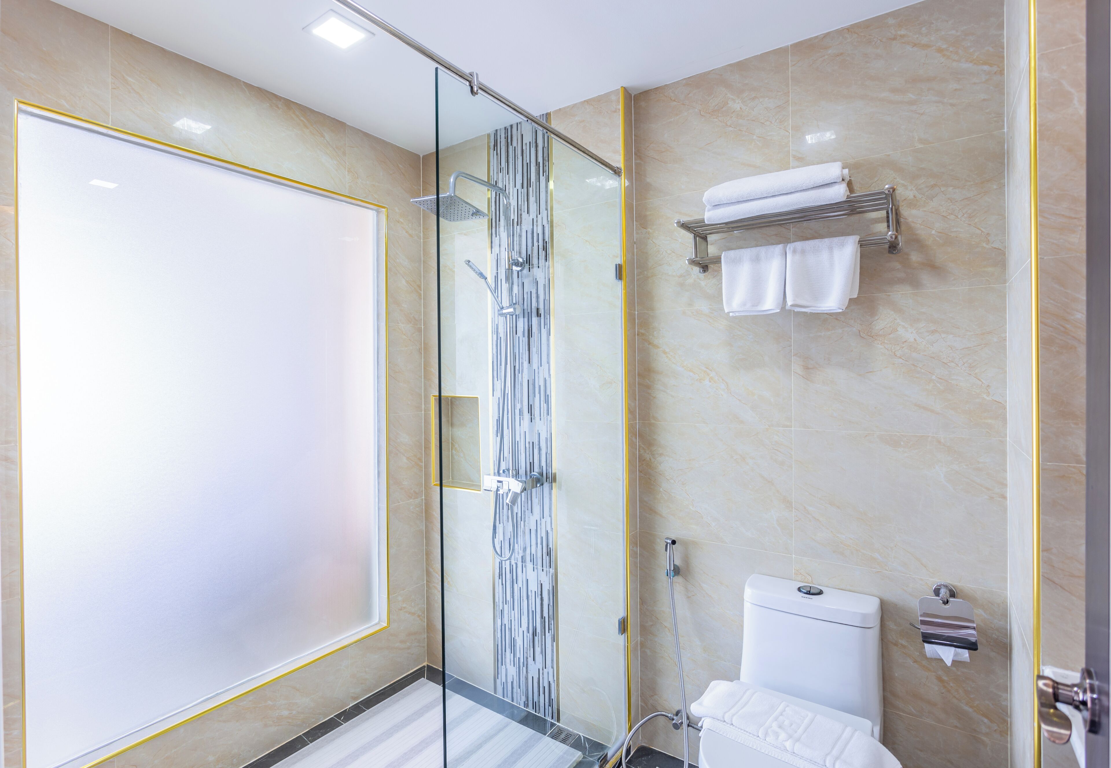 A modern bathroom with a glass shower enclosure, a toilet, and a towel rack.