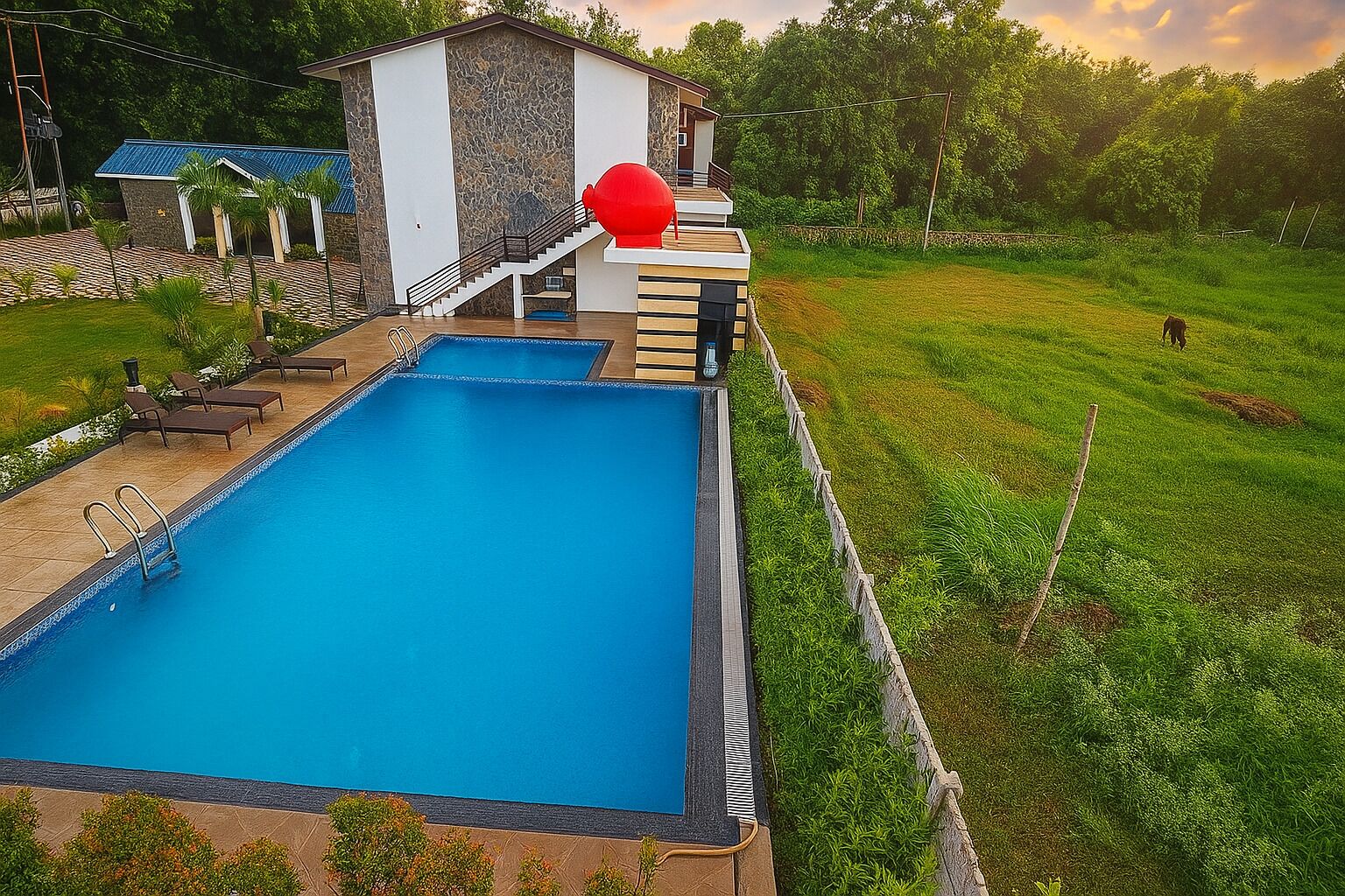 A swimming pool with a red water slide, lounge chairs, and a stone building in the background.