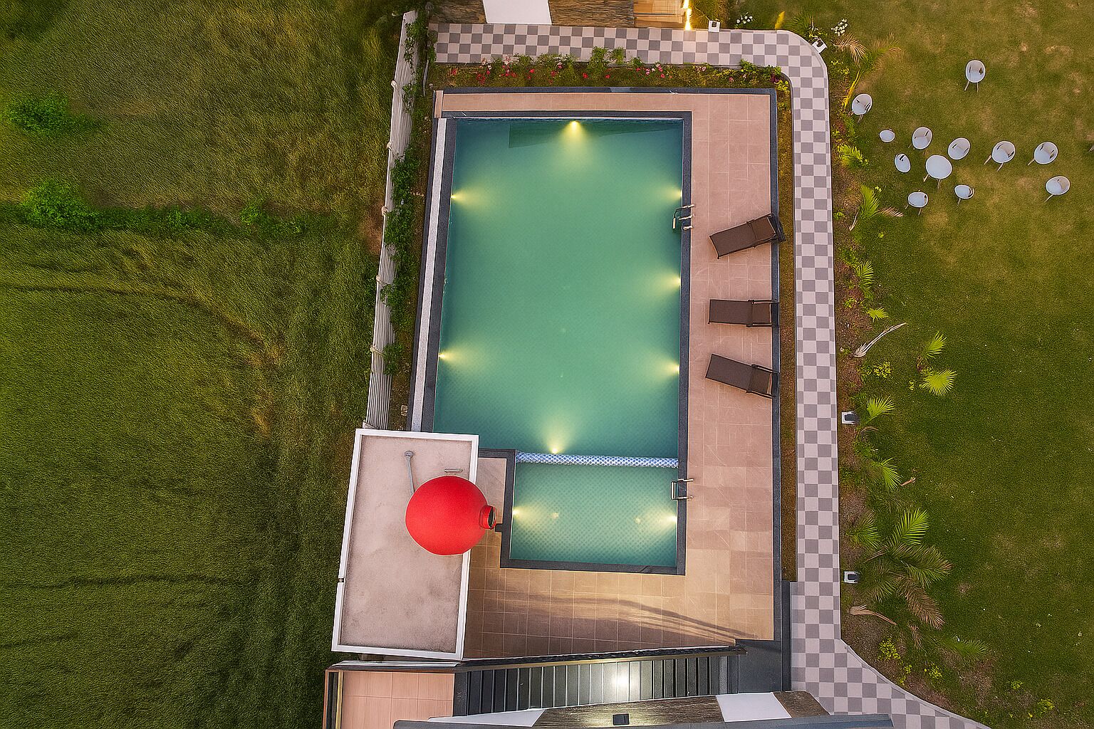 An aerial view of a rectangular swimming pool with a checkered border, surrounded by a grassy area and a few small plants.
