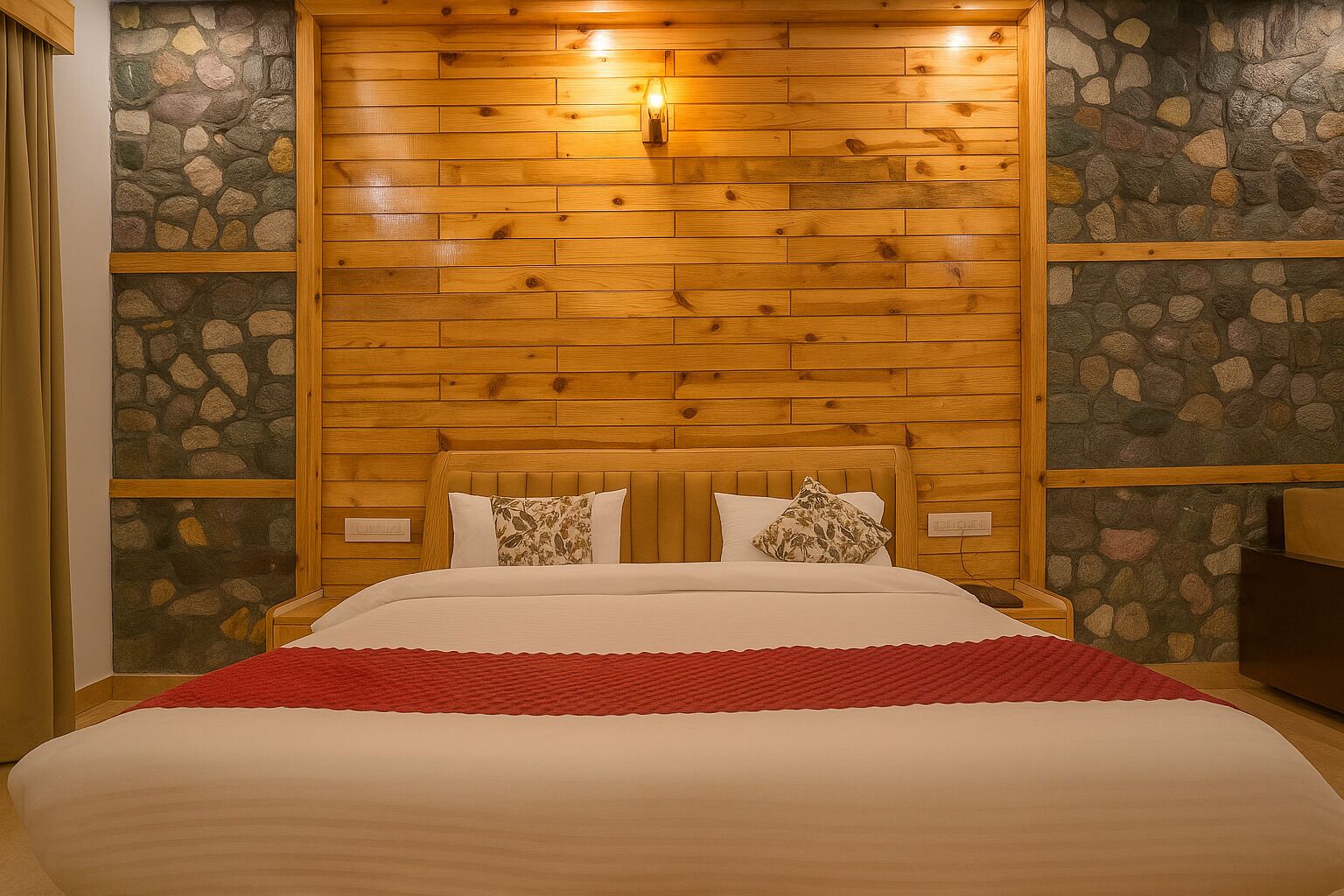 A bedroom with a wooden headboard, a stone wall, and a red throw blanket.