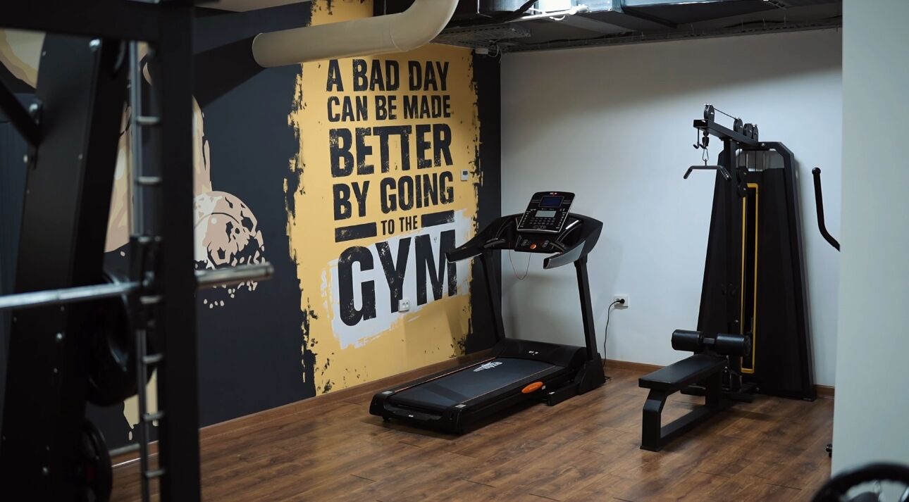 A gym with a treadmill, weight bench, and a wall with motivational text.