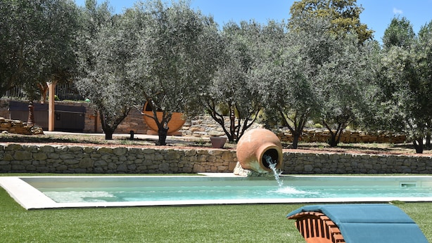 A pool area with a stone wall, olive trees, and a lounge chair. - Chambre d'hôtes with swimming pool, jacuzzi, sauna and working in the vineyards  (La Cadière-d'Azur)