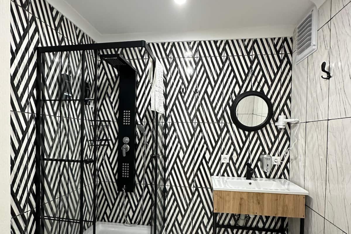 Shower, free toiletries, hair dryer, slippers