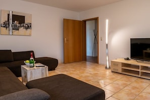 TV connectée, cheminée, livres