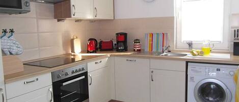 Frigorífico, microondas, horno y placa de cocina