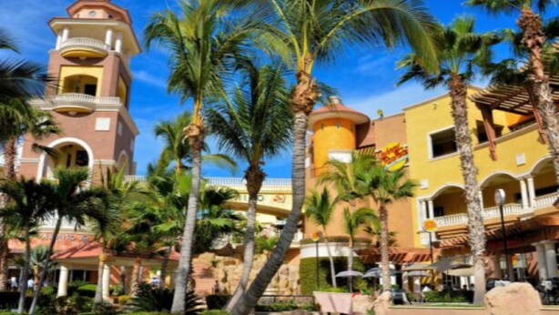A resort with multiple buildings, palm trees, and a clear blue sky. - María Elena (Cabo San Lucas)