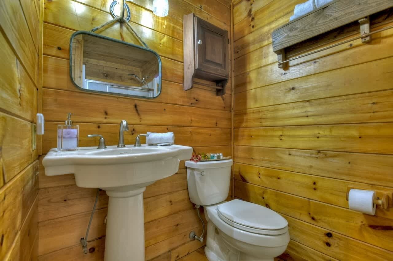 A wooden cabin bathroom with a sink, toilet, and mirror.