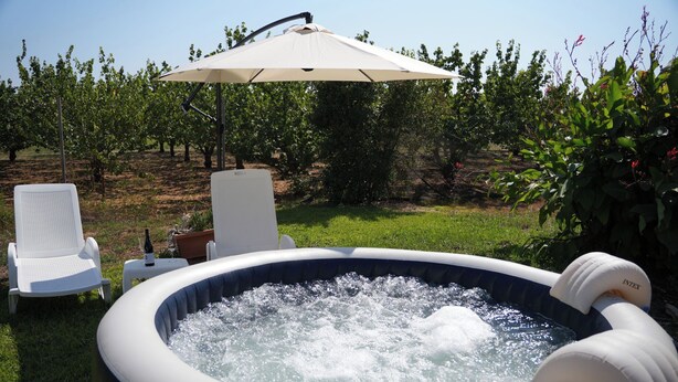Un jacuzzi inflable con una sombrilla blanca, rodeado de césped y un viñedo al fondo.