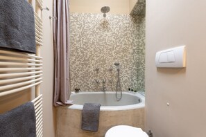 Une salle de bain avec une baignoire, une douche et des toilettes.