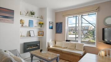 Télévision, cheminée, chaîne hi-fi