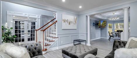 TV, fireplace, video games, stereo