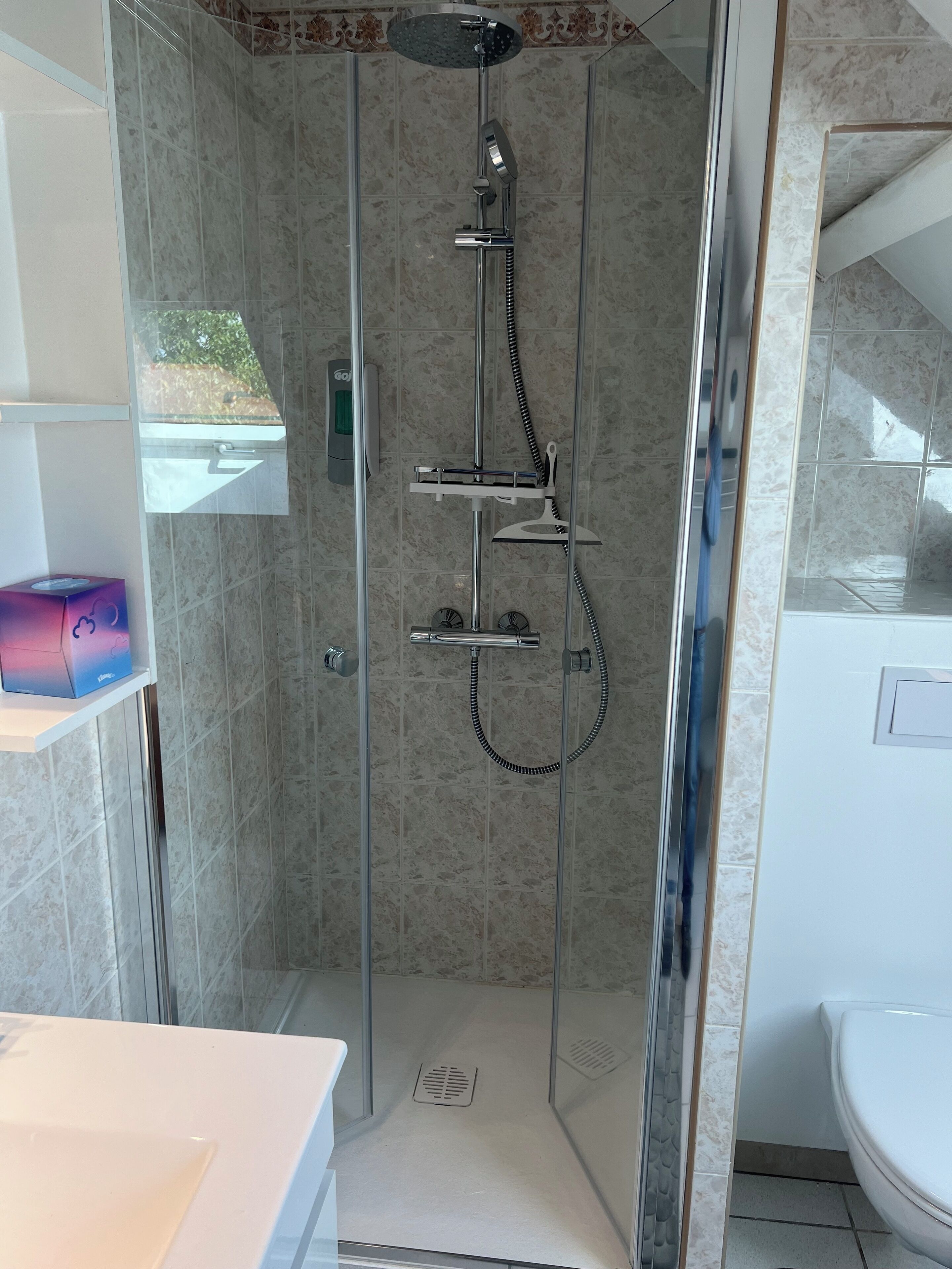 Een moderne badkamer met een douchecabine van glas, een toilet en een wastafel.