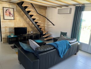 Télévision, cheminée, baby-foot, livres