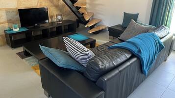 Télévision, cheminée, baby-foot, livres