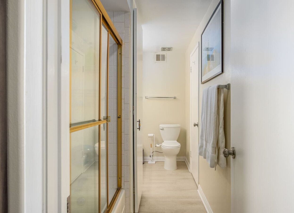 A narrow hallway leading to a bathroom with a toilet, a towel rack, and a framed picture on the wall.