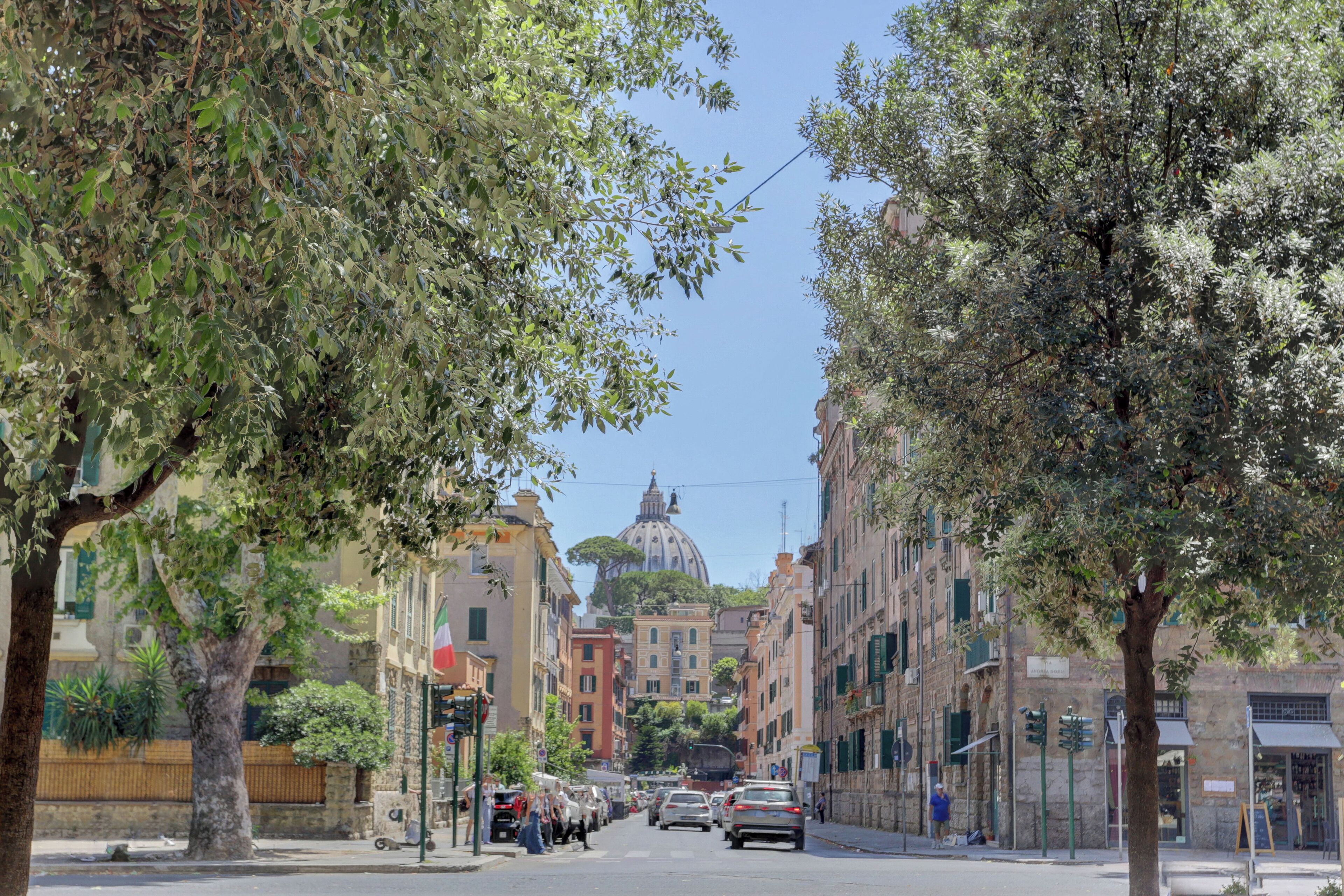 Una strada alberata con edifici, e sullo sfondo una struttura a cupola ben visibile.