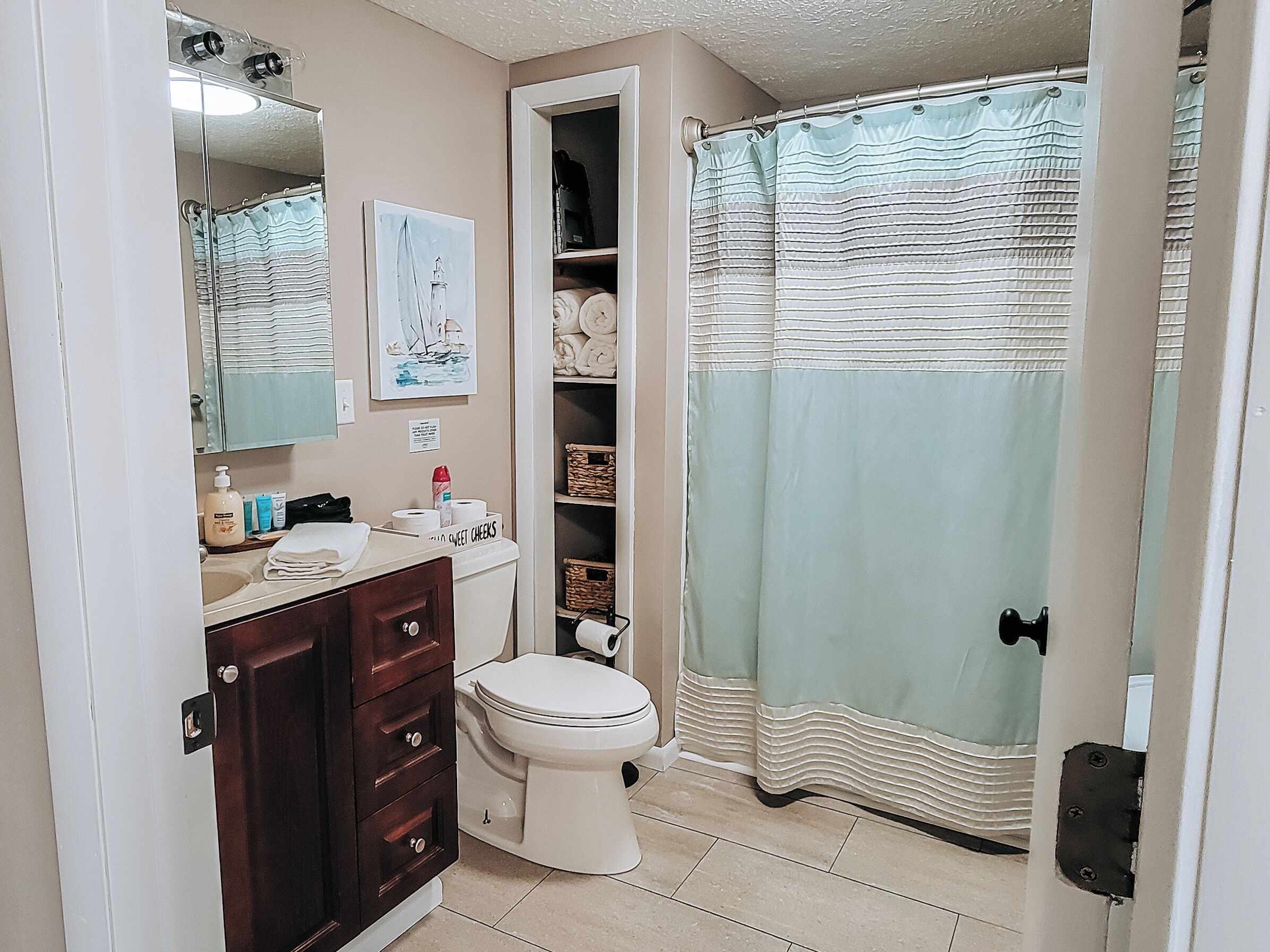 Hair dryer, towels, soap, shampoo