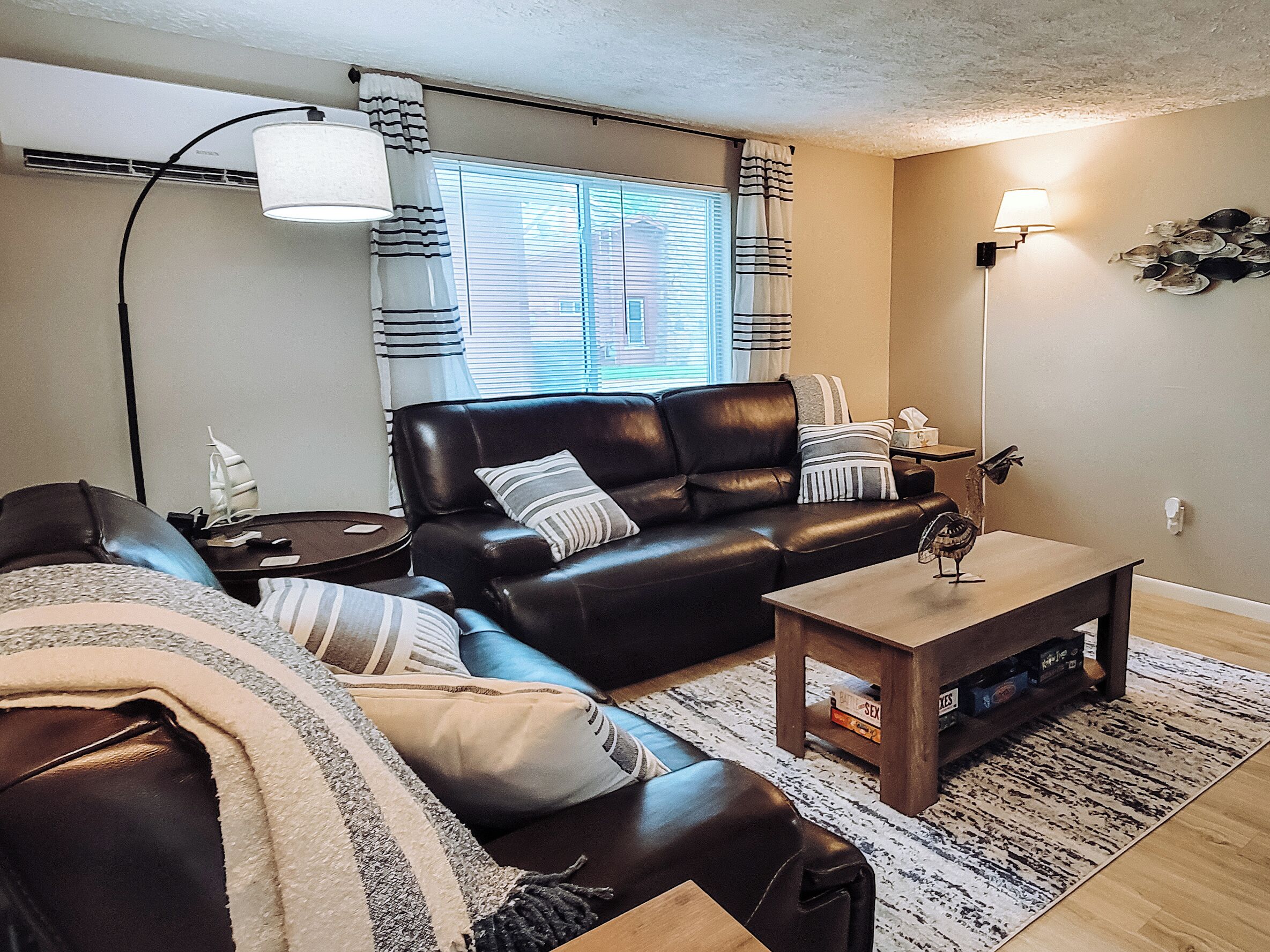 Smart TV, fireplace, books, video library