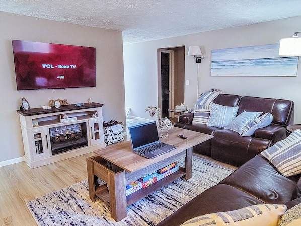 Smart TV, fireplace, books