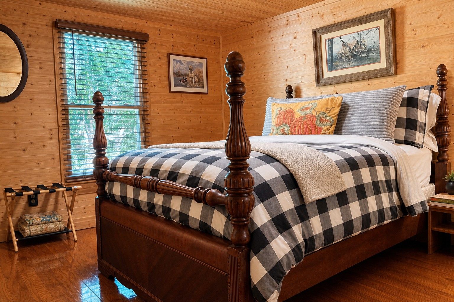 Une chambre à coucher aux murs lambrissés, dotée d’un lit à baldaquin, d’une fenêtre avec des stores et de deux tableaux encadrés accrochés au mur.