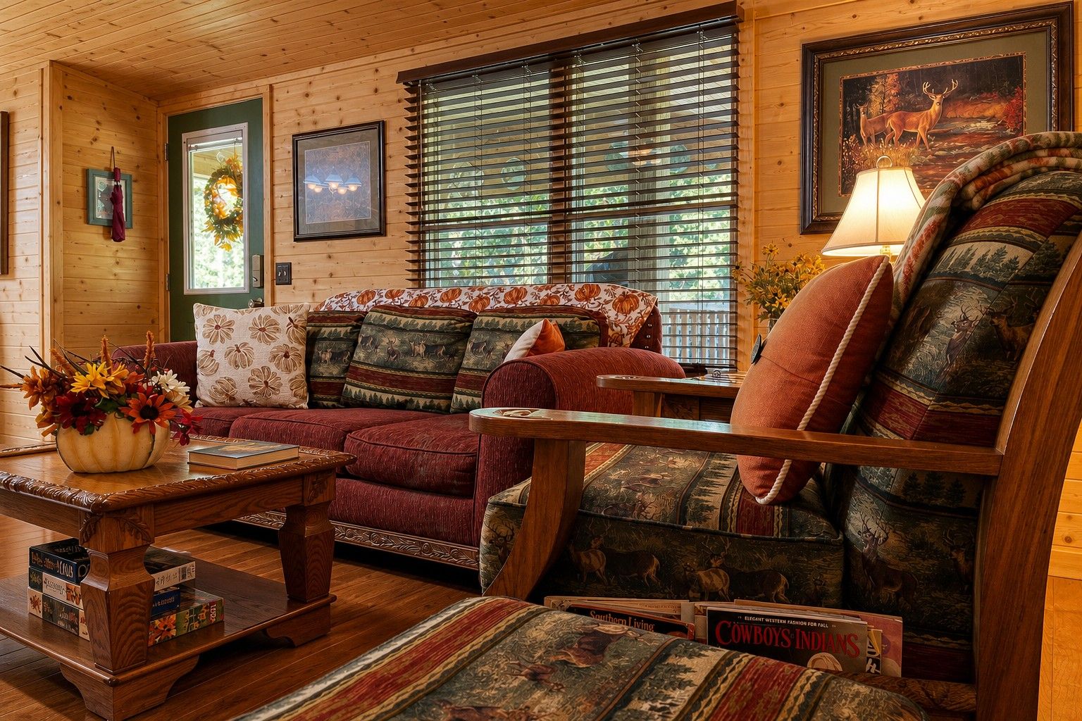 Un interior de cabaña acogedor, con suelo de madera, un sofá con cojines estampados, un sillón de madera, una mesa con un florero y una ventana con persianas.