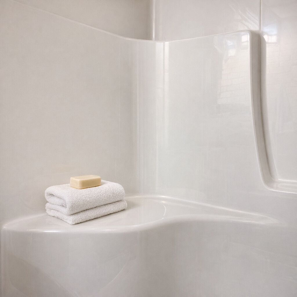 Esquina de un baño con una bañera blanca, una toalla blanca doblada y una barra de jabón en el borde.