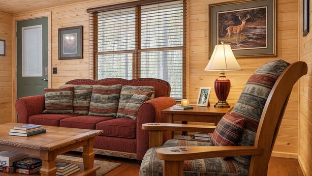 Ein gemütliches Blockhaus-Interieur mit Holzboden, einem roten Sofa mit gemusterten Kissen, einem Holzsesseln, einem kleinen Holztisch mit Lampe und gerahmten Bildern an den Wänden.
