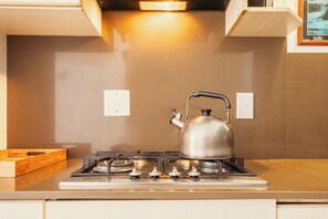 Kitchen features a stainless steel gas stove with four burners and a range hood.
