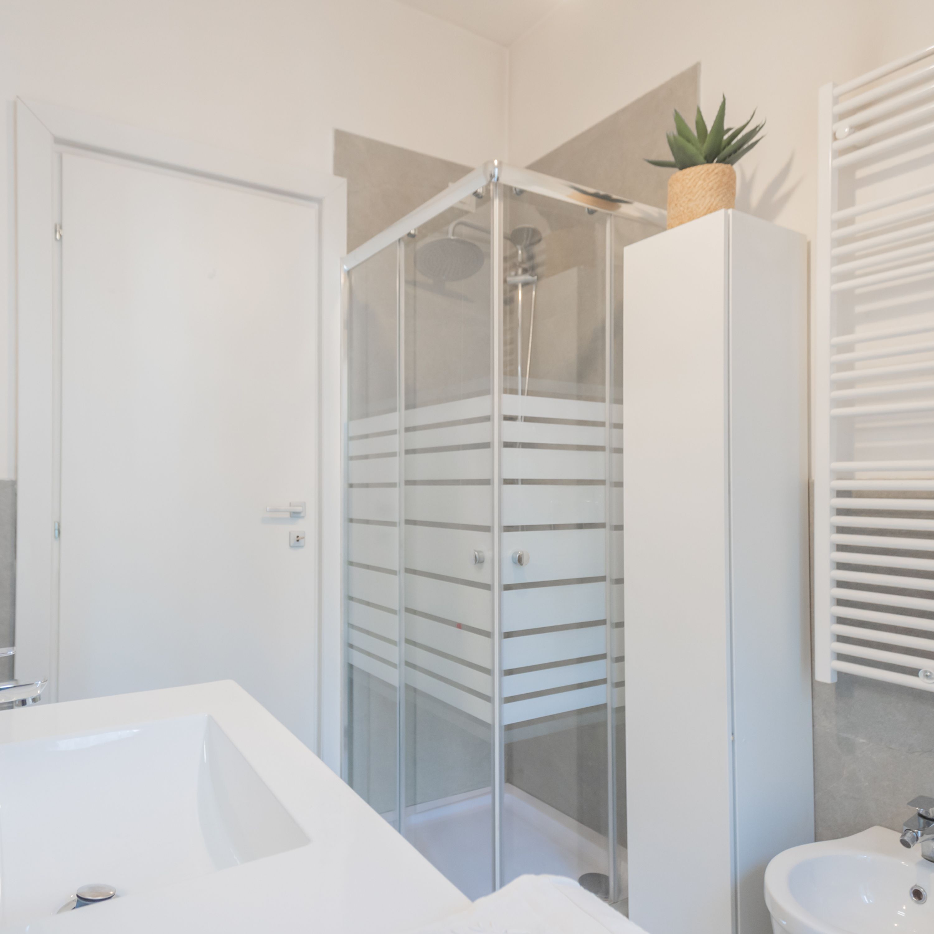 A modern bathroom with a glass-enclosed shower, a white sink, and a cabinet with a plant on top.