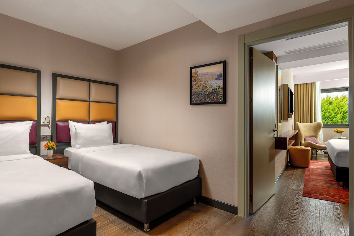 Habitación de hotel con dos camas, un cuadro, un televisor y vista a zonas verdes.