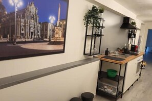 Kjøleskap, ovn, kokeplater og kaffetrakter/tekoker