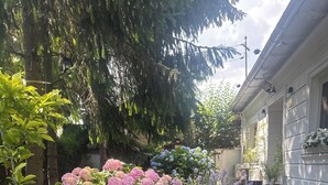 Ein Garten mit Hortensien und Lavendel, ein weißes Gebäude mit Veranda und ein Baum.